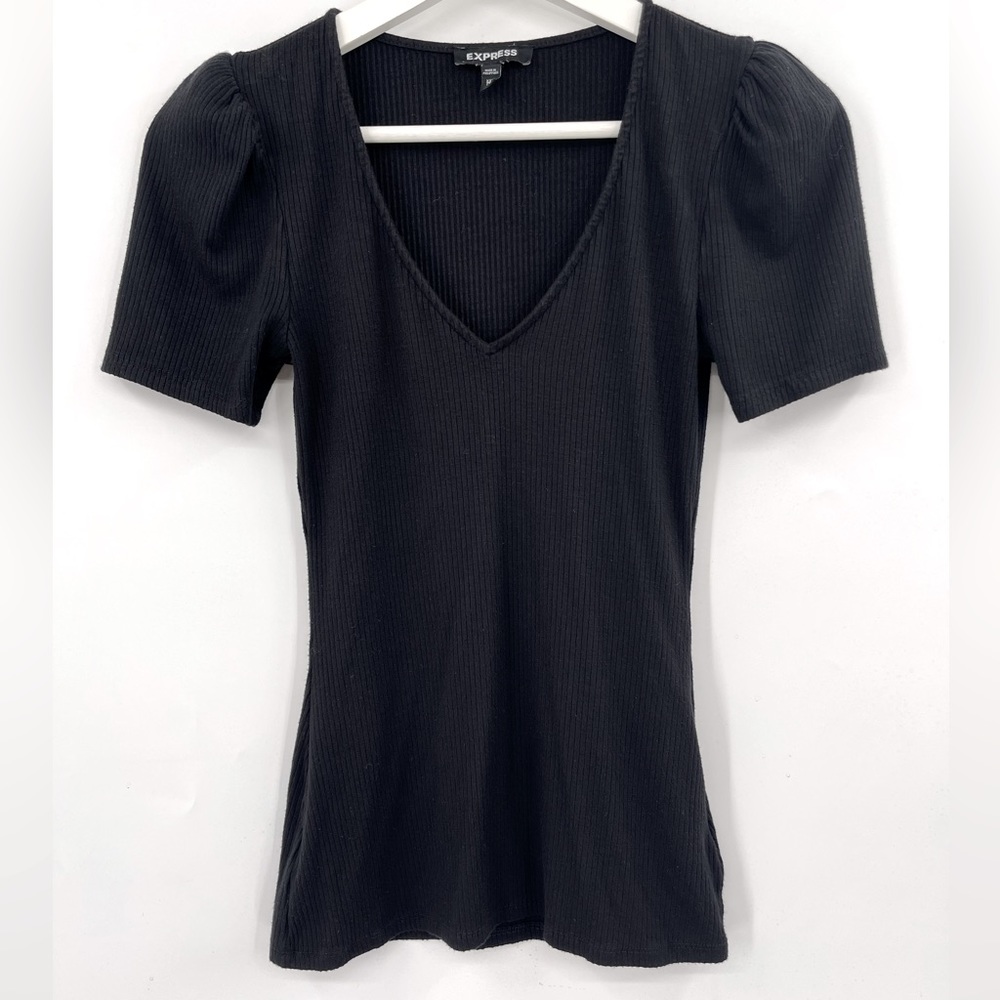 Express Puff Sleeve Knit Top Black Ribbed Short Sleeve Knit Top Size XXS